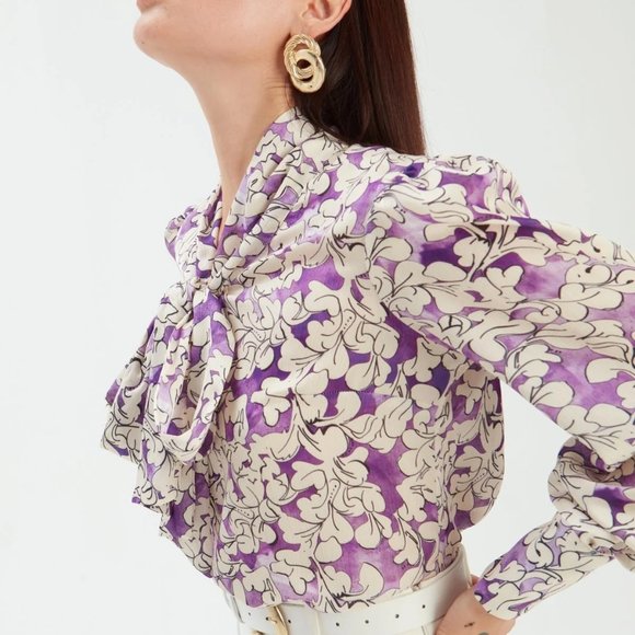 Bow Tie Collar Patterned Blouse - PURPLE - Picture 6 of 9